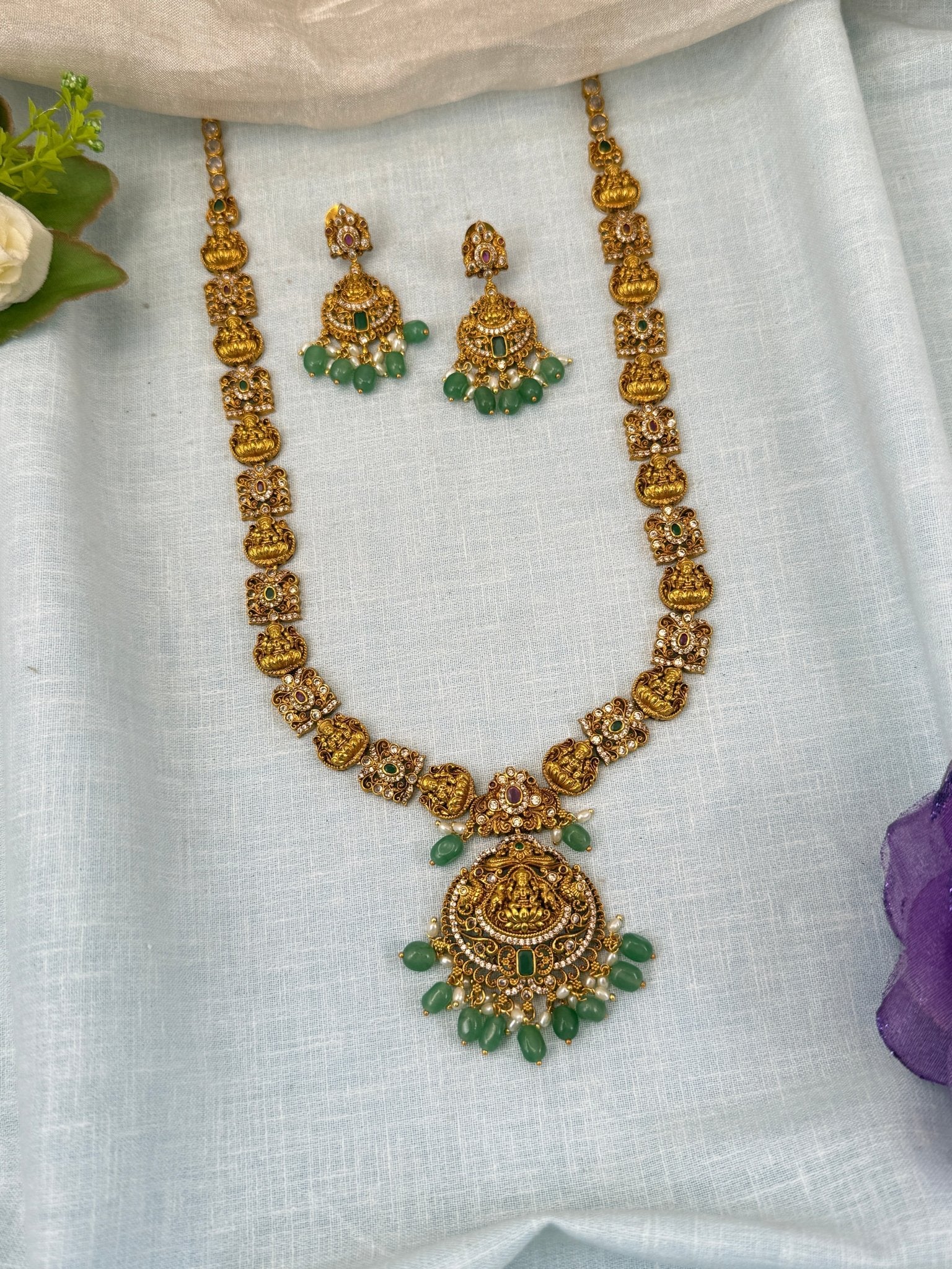 Luxurious Antique Lakshmi Long Necklace Set 0584 - Mahilas