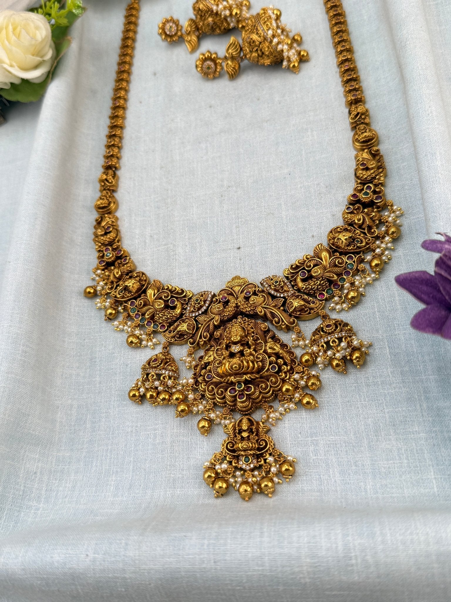 Luxurious Antique Lakshmi Long Necklace Set 0835 - Mahilas