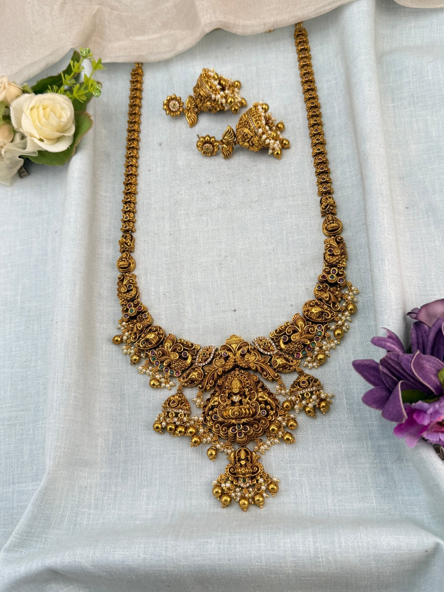 Luxurious Antique Lakshmi Long Necklace Set 0835 - Mahilas