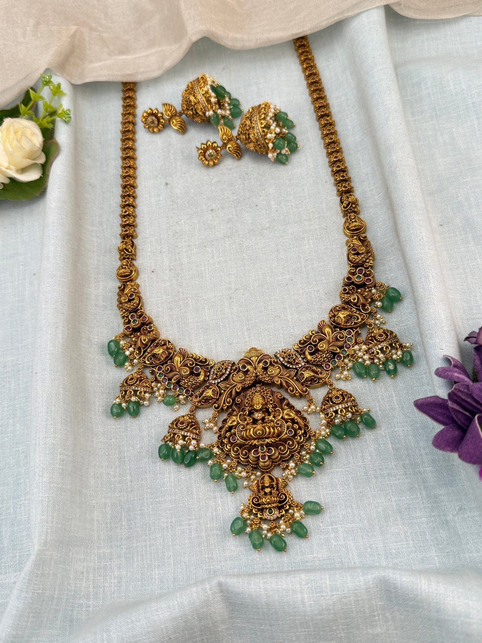 Luxurious Antique Lakshmi Long Necklace Set 0836 - Mahilas