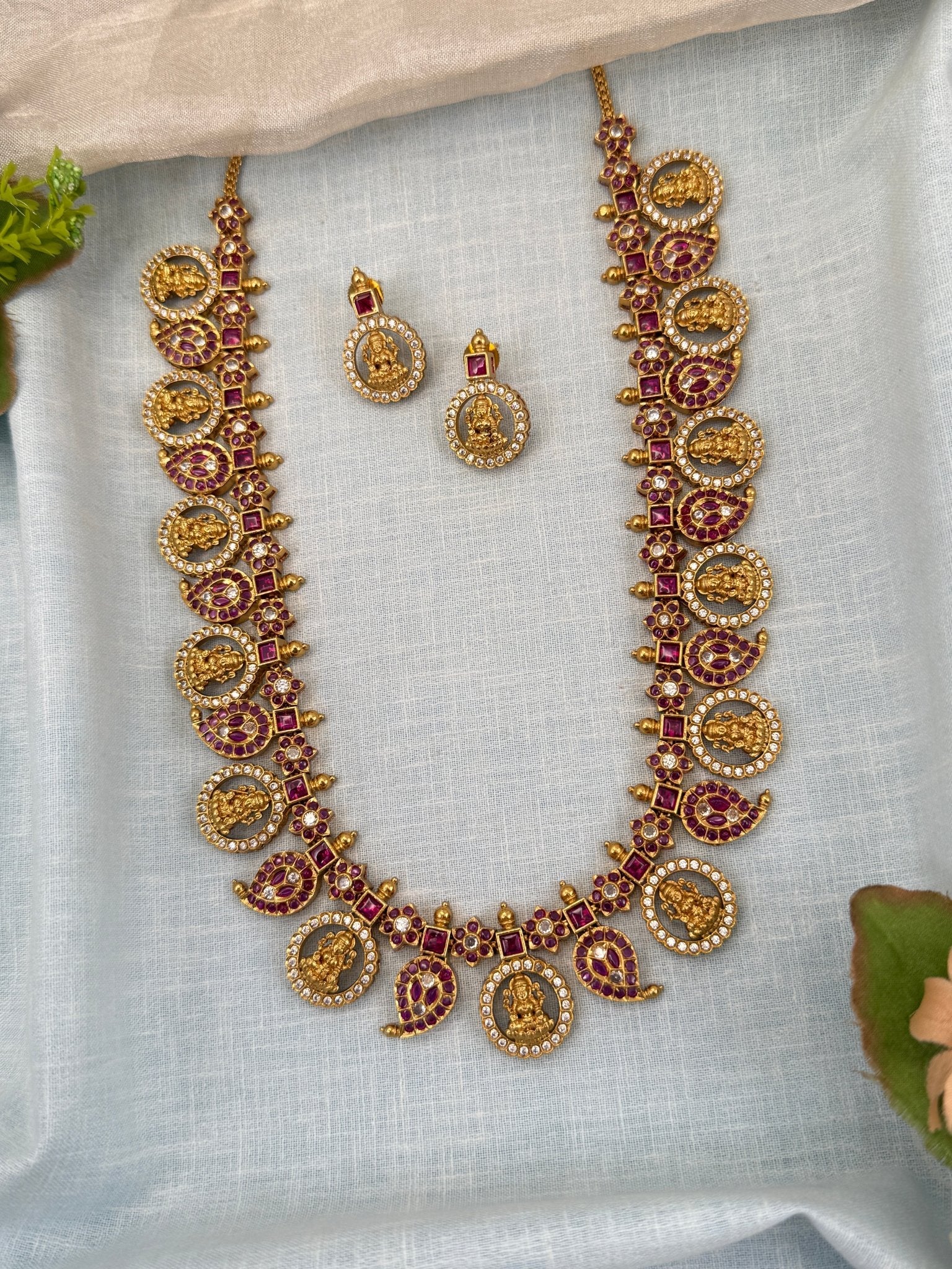 Luxurious Antique Lakshmi Mango Long Necklace Set 0680 - Mahilas