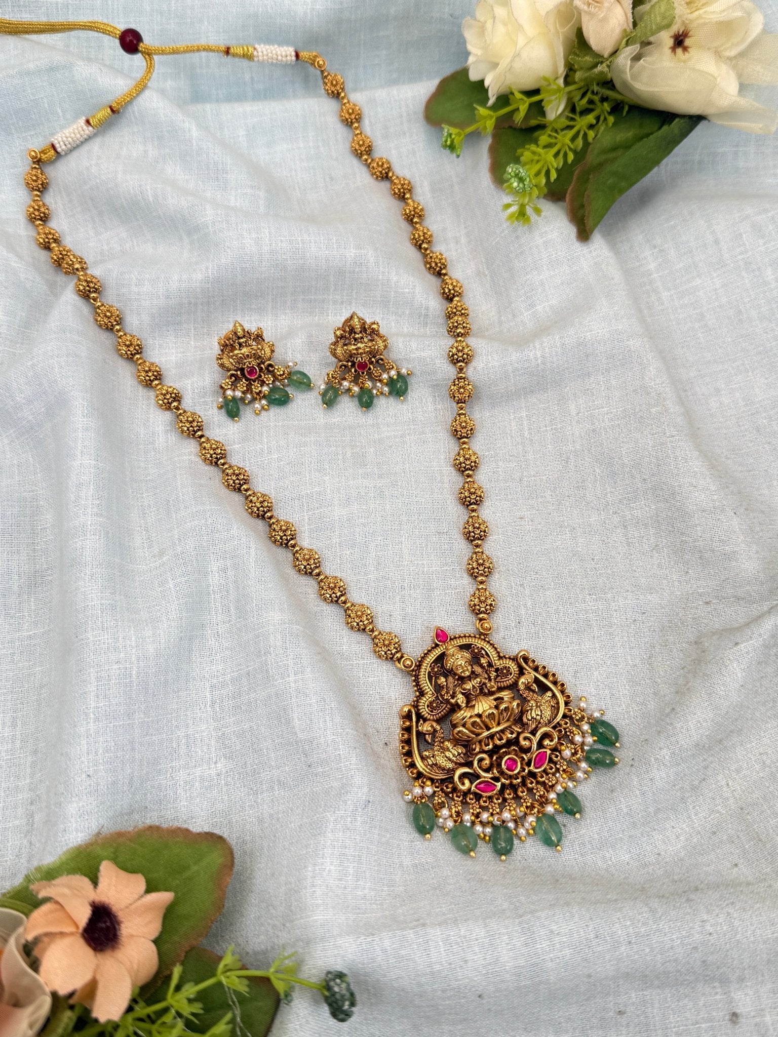 Luxurious Antique Lakshmi Pendant Long Necklace Set 0303 - Mahilas