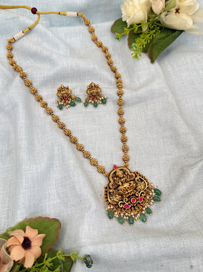 Luxurious Antique Lakshmi Pendant Long Necklace Set 0303 - Mahilas