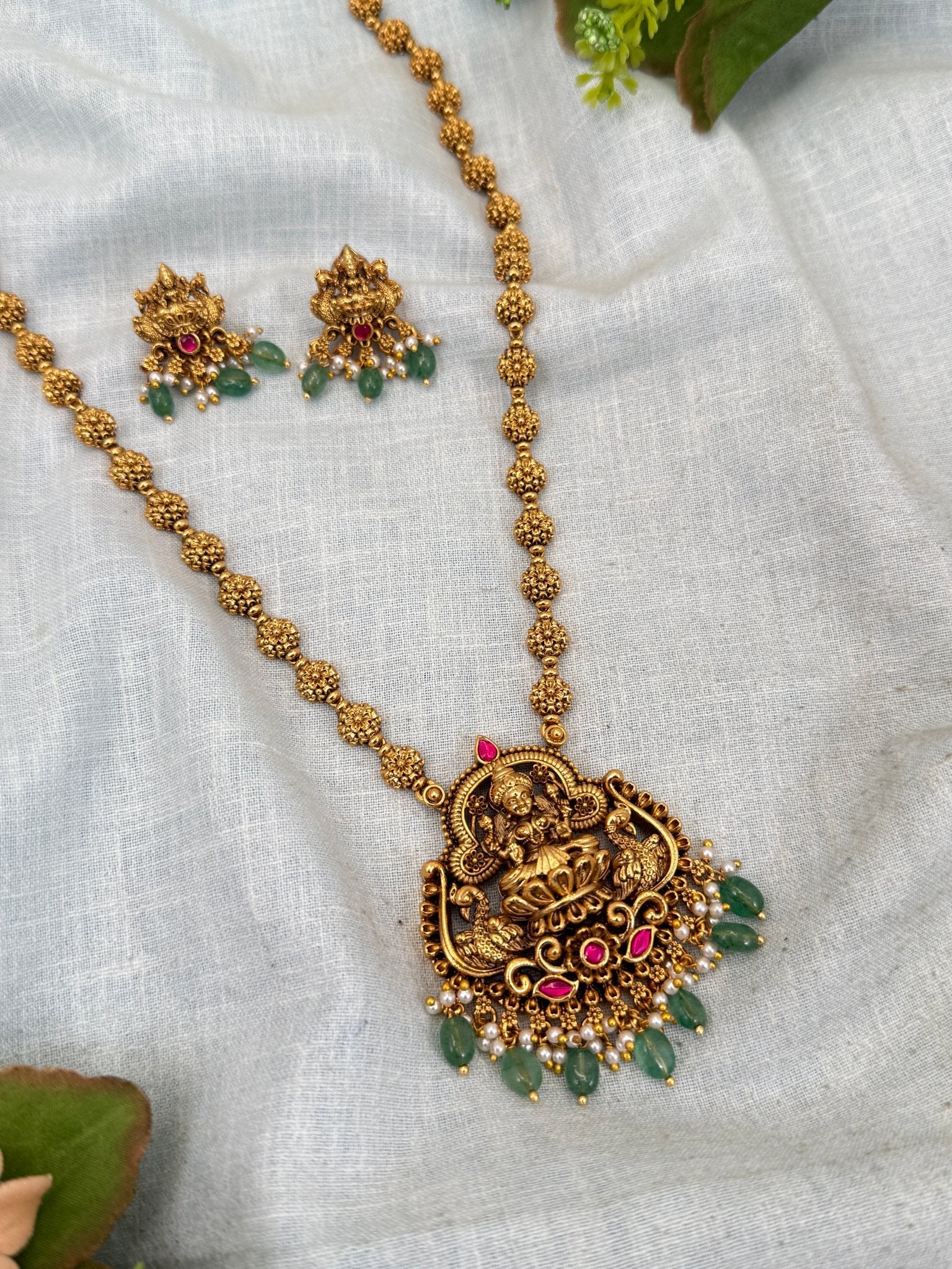 Luxurious Antique Lakshmi Pendant Long Necklace Set 0303 - Mahilas
