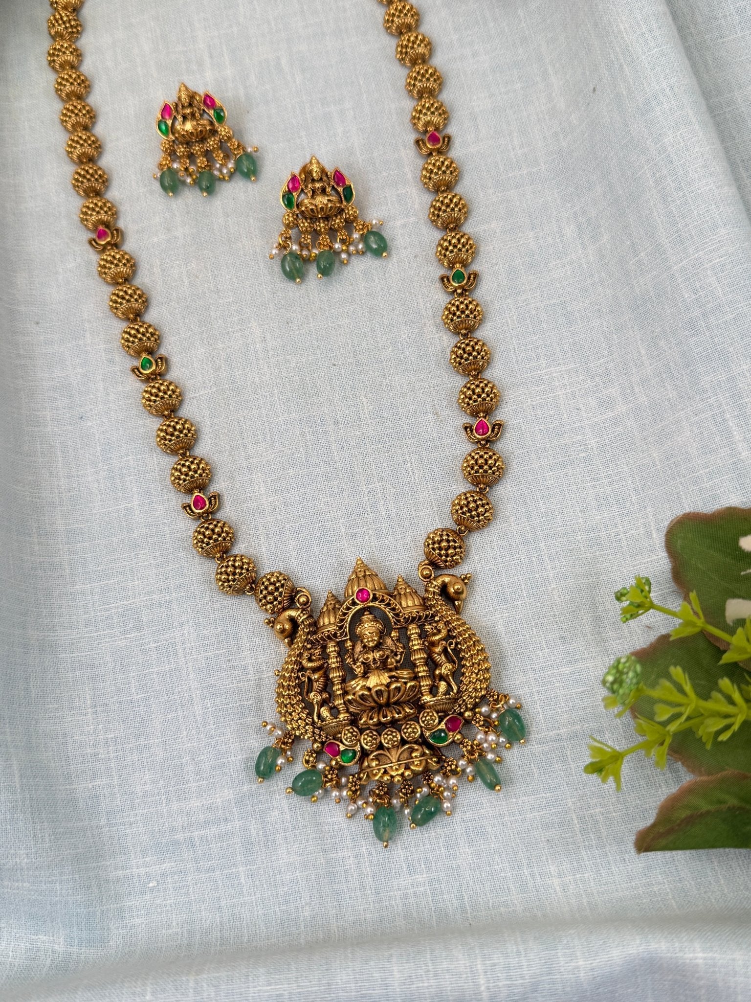 Luxurious Antique Lakshmi Pendant Long Necklace Set 0393 - Mahilas