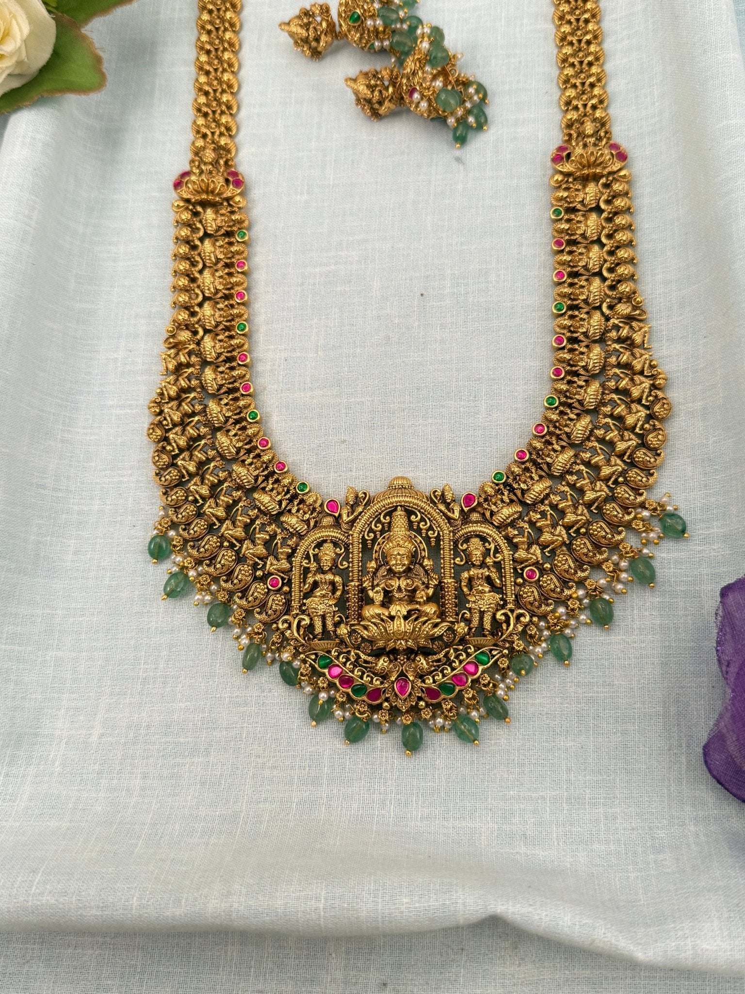 Luxurious Antique Lakshmi Pendant Long Necklace Set 0647 - Mahilas