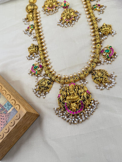 Luxurious Antique Lakshmi Pendant Long Necklace Set 0674 - Mahilas