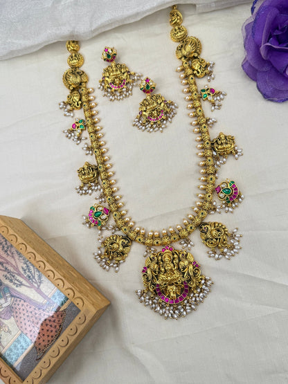 Luxurious Antique Lakshmi Pendant Long Necklace Set 0674 - Mahilas