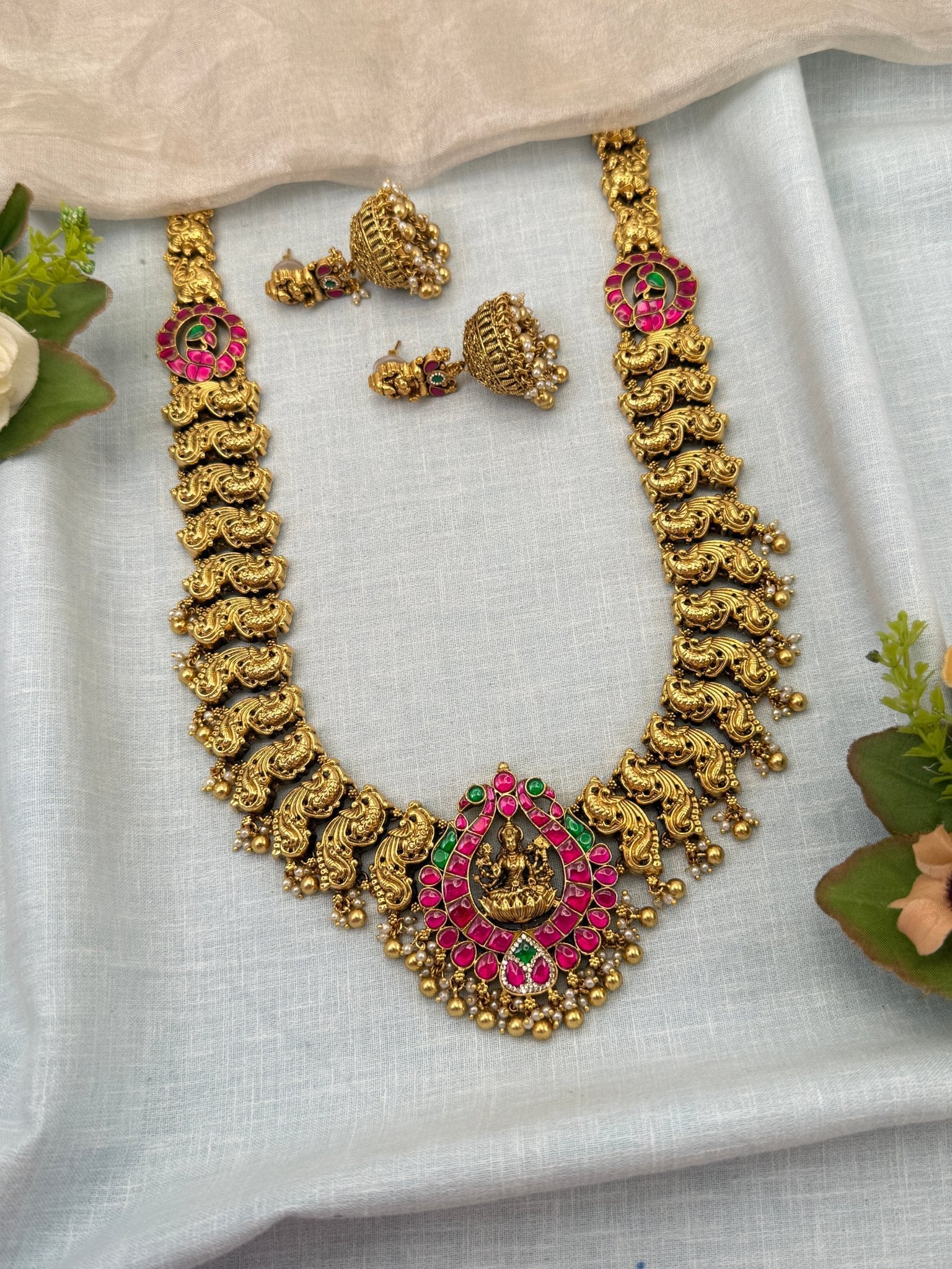 Luxurious Antique Lakshmi Pendant Long Necklace Set 0688 - Mahilas