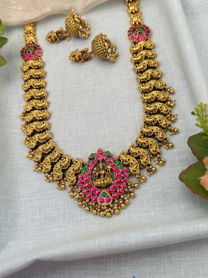 Luxurious Antique Lakshmi Pendant Long Necklace Set 0688 - Mahilas