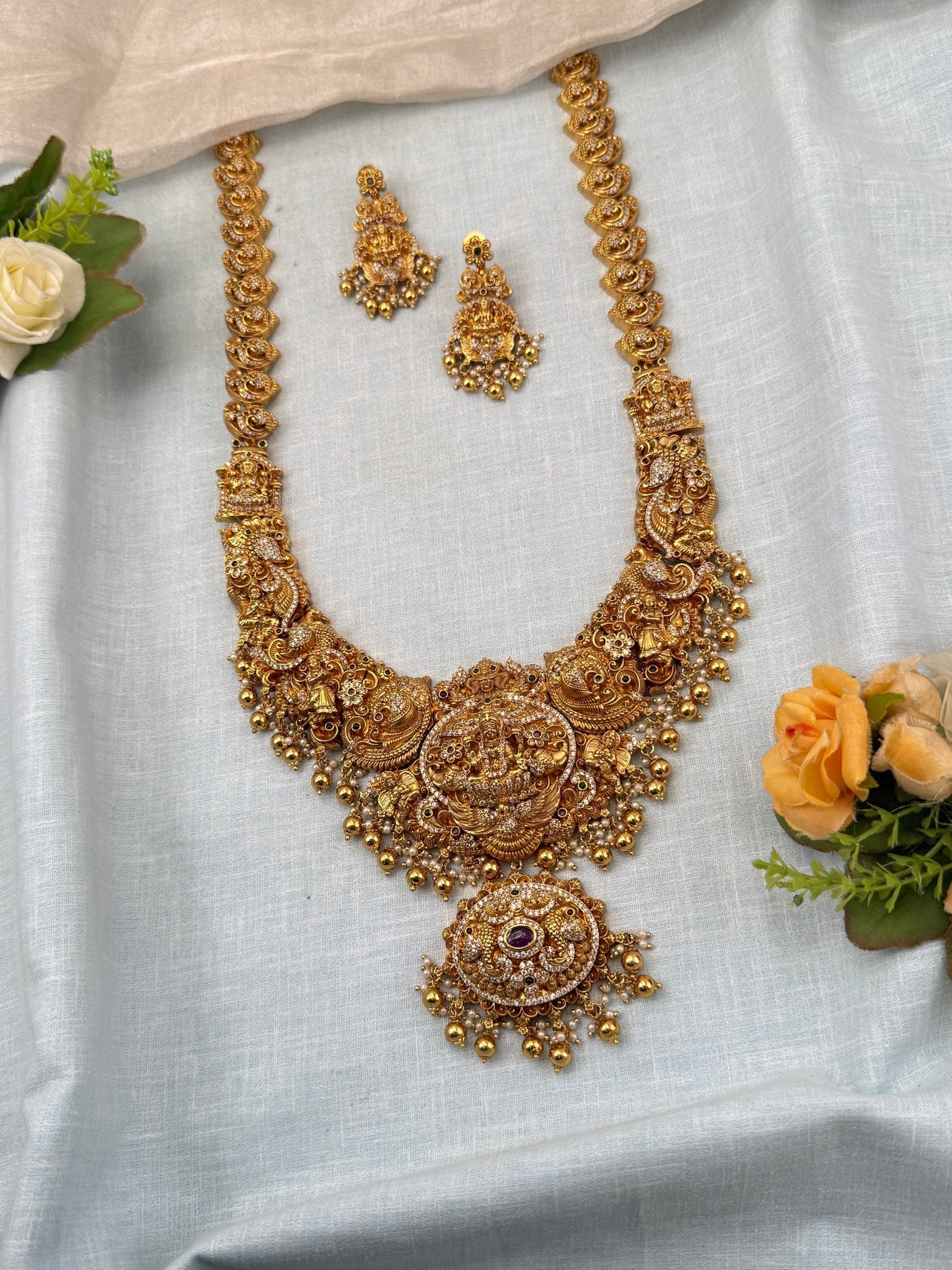 Luxurious Antique Lakshmi Pendant Long Necklace Set 0728 - Mahilas