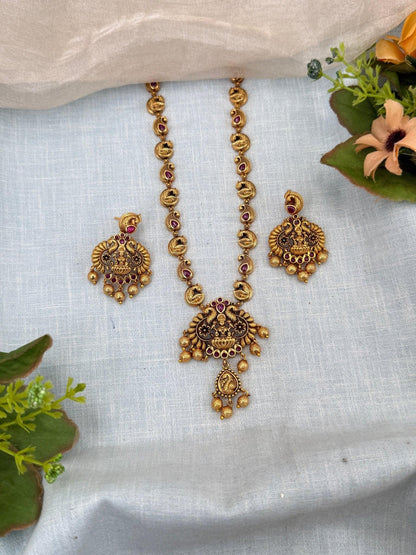 Luxurious Antique Lakshmi Pendant Mid Long Necklace Set 0225 - Mahilas