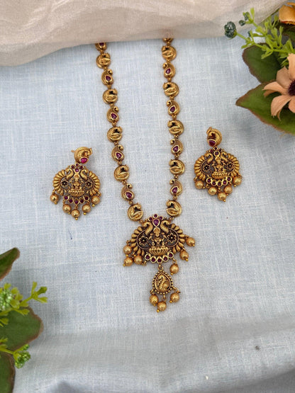Luxurious Antique Lakshmi Pendant Mid Long Necklace Set 0225 - Mahilas