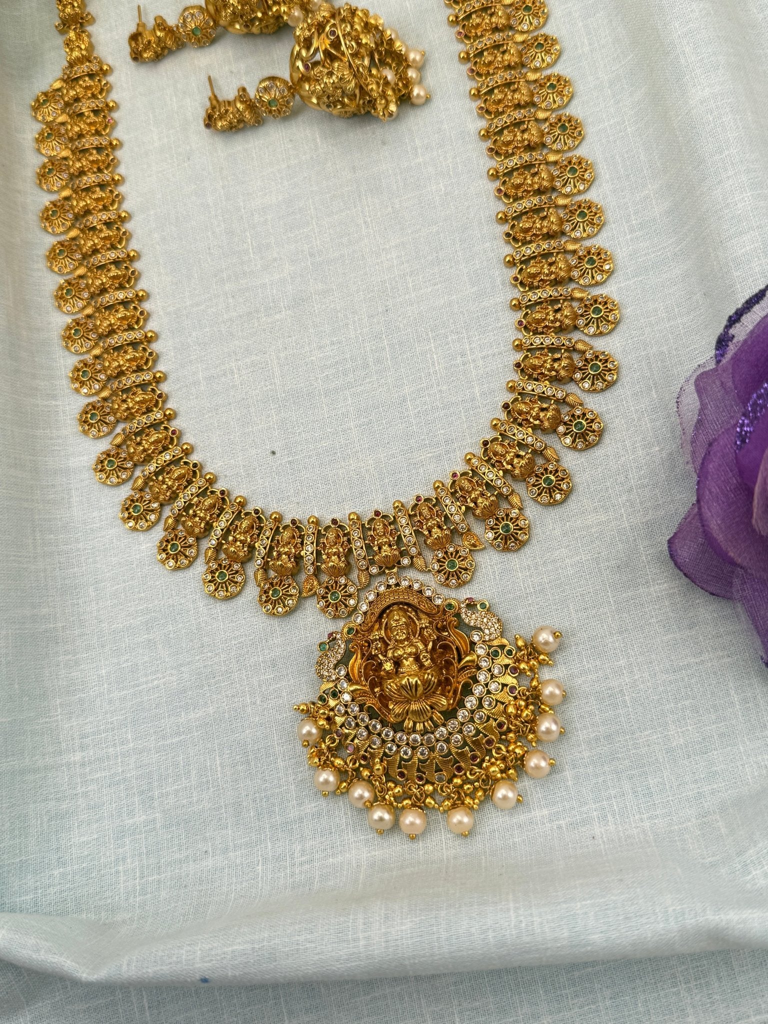 Luxurious Antique Lakshmi Pendant Stone Long Necklace Set 0679 - Mahilas