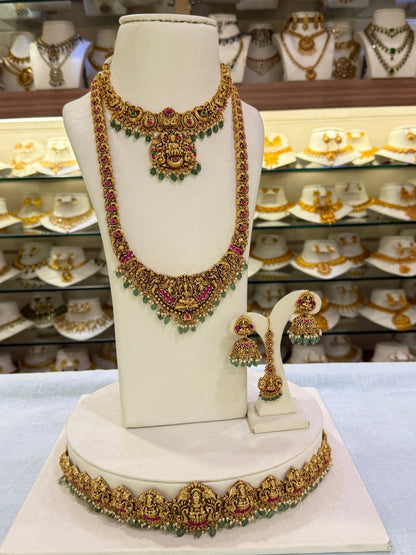 Luxurious Antique Lakshmi Semi Bridal Necklace Set 3 - Mahilas