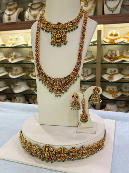 Luxurious Antique Lakshmi Semi Bridal Necklace Set 3 - Mahilas
