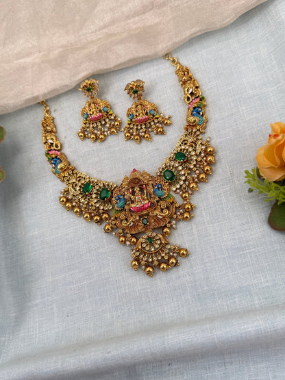 Luxurious Antique Lakshmi Short Necklace Set 0742 - Mahilas