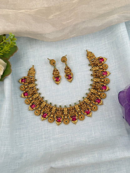 Luxurious Antique Lakshmi Stone Short Necklace Set 0637 - Mahilas