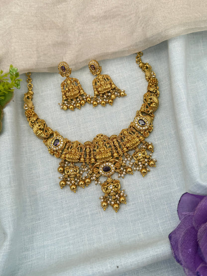 Luxurious Antique Lakshmi Stone Short Necklace Set 0699 - Mahilas