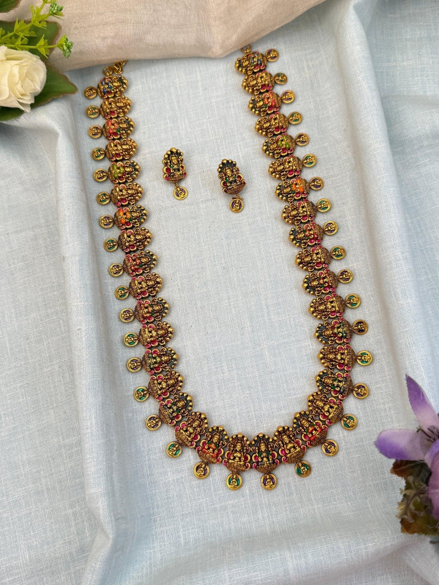Luxurious Antique Long Lakshmi Necklace Set 970 - Mahilas
