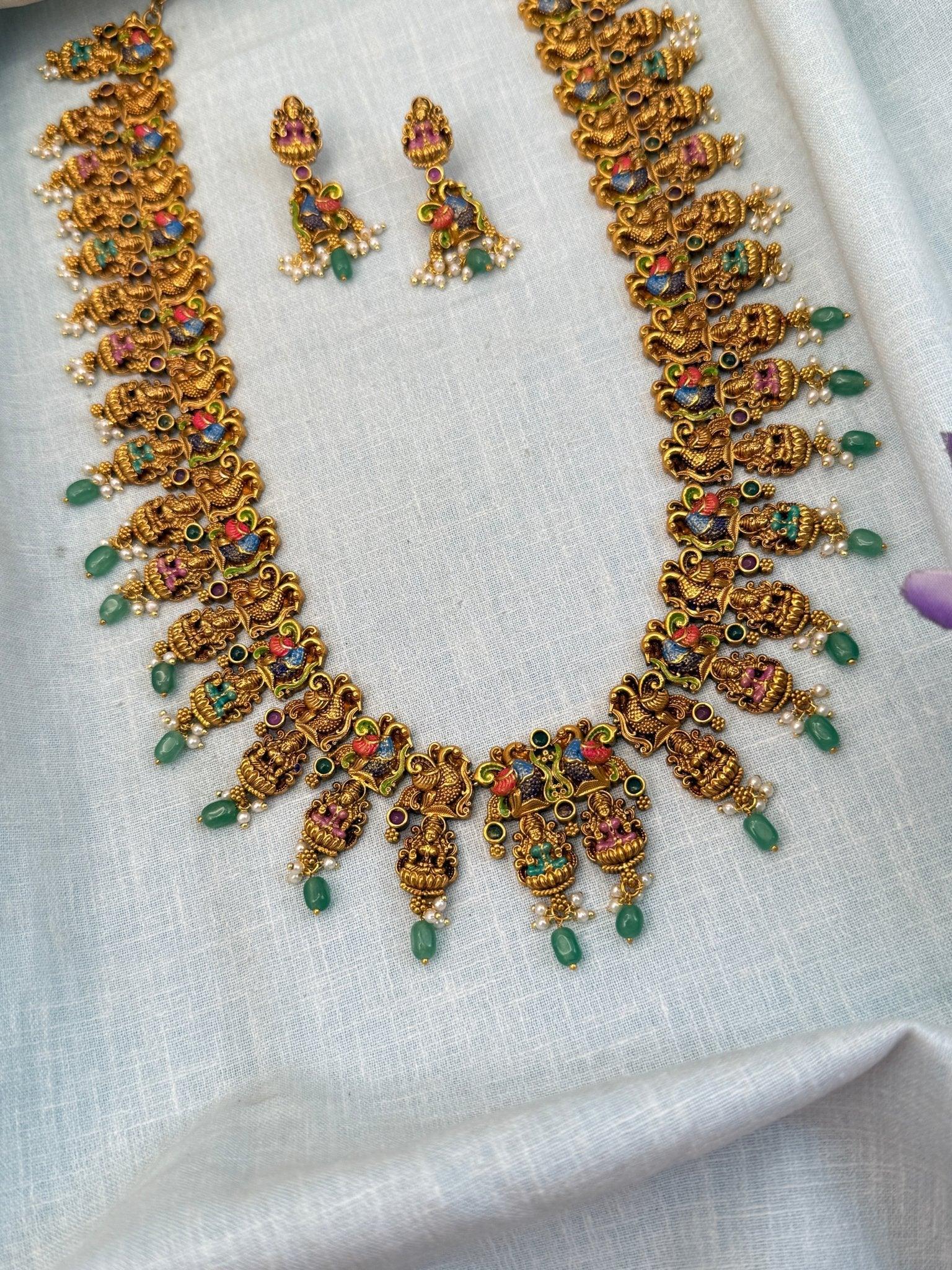 Luxurious Antique Long Lakshmi Peacock Necklace Set 974 - Mahilas