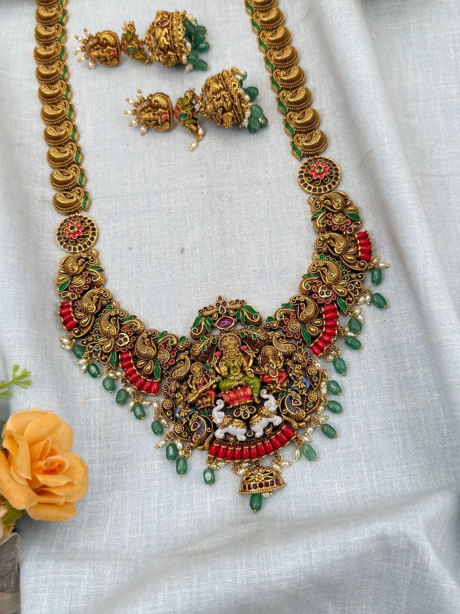 Luxurious Antique long Temple Coral Beads Lakshmi Necklace Set 0109 - Mahilas