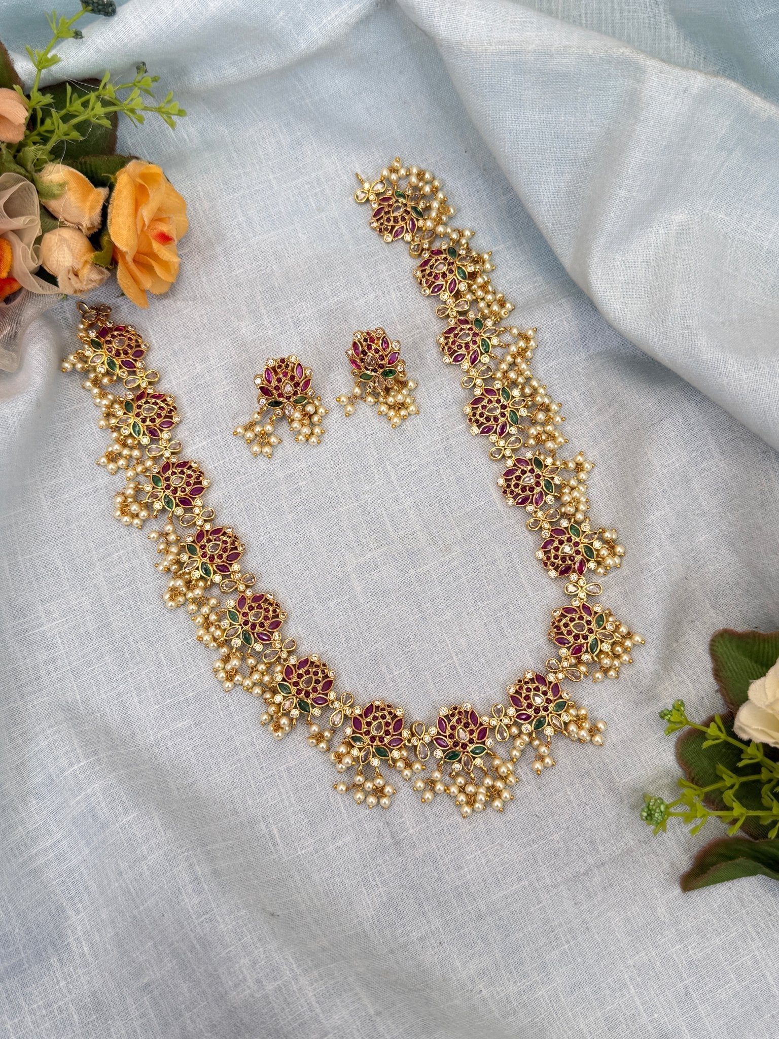 Luxurious Antique Lotus Mid Long Necklace Set 0310 - Mahilas