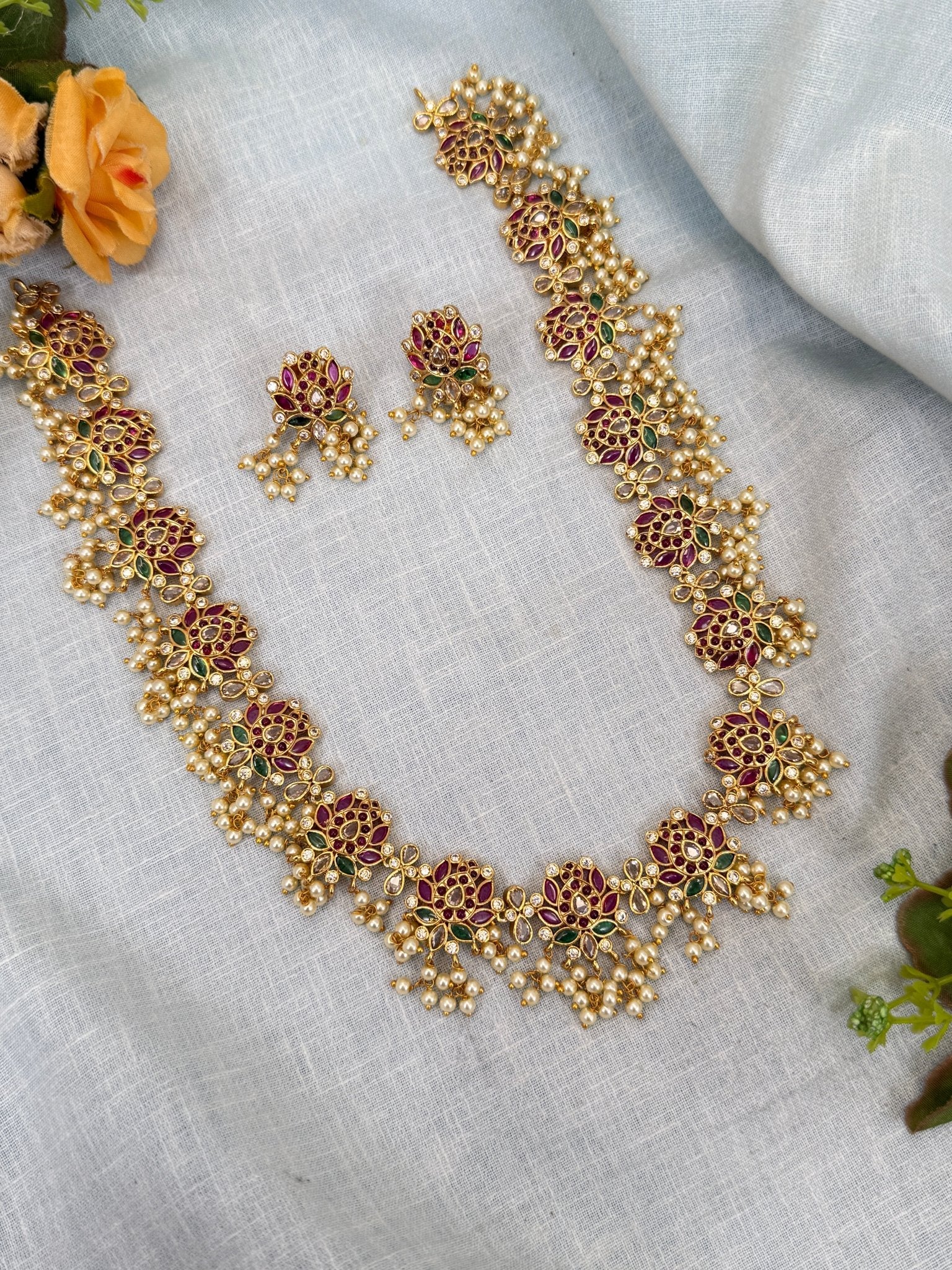 Luxurious Antique Lotus Mid Long Necklace Set 0310 - Mahilas