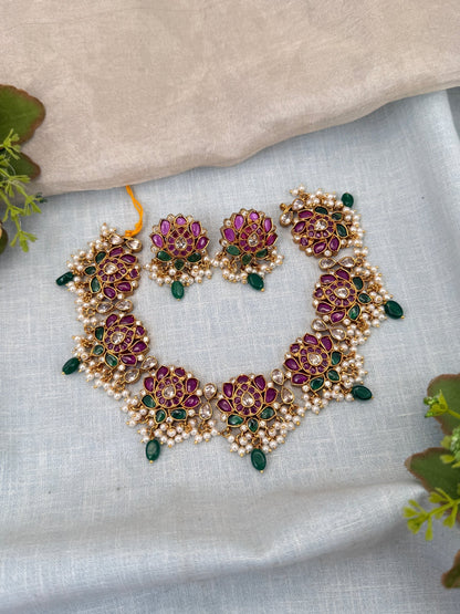 Luxurious Antique Lotus Short Necklace Set 0427 - Mahilas