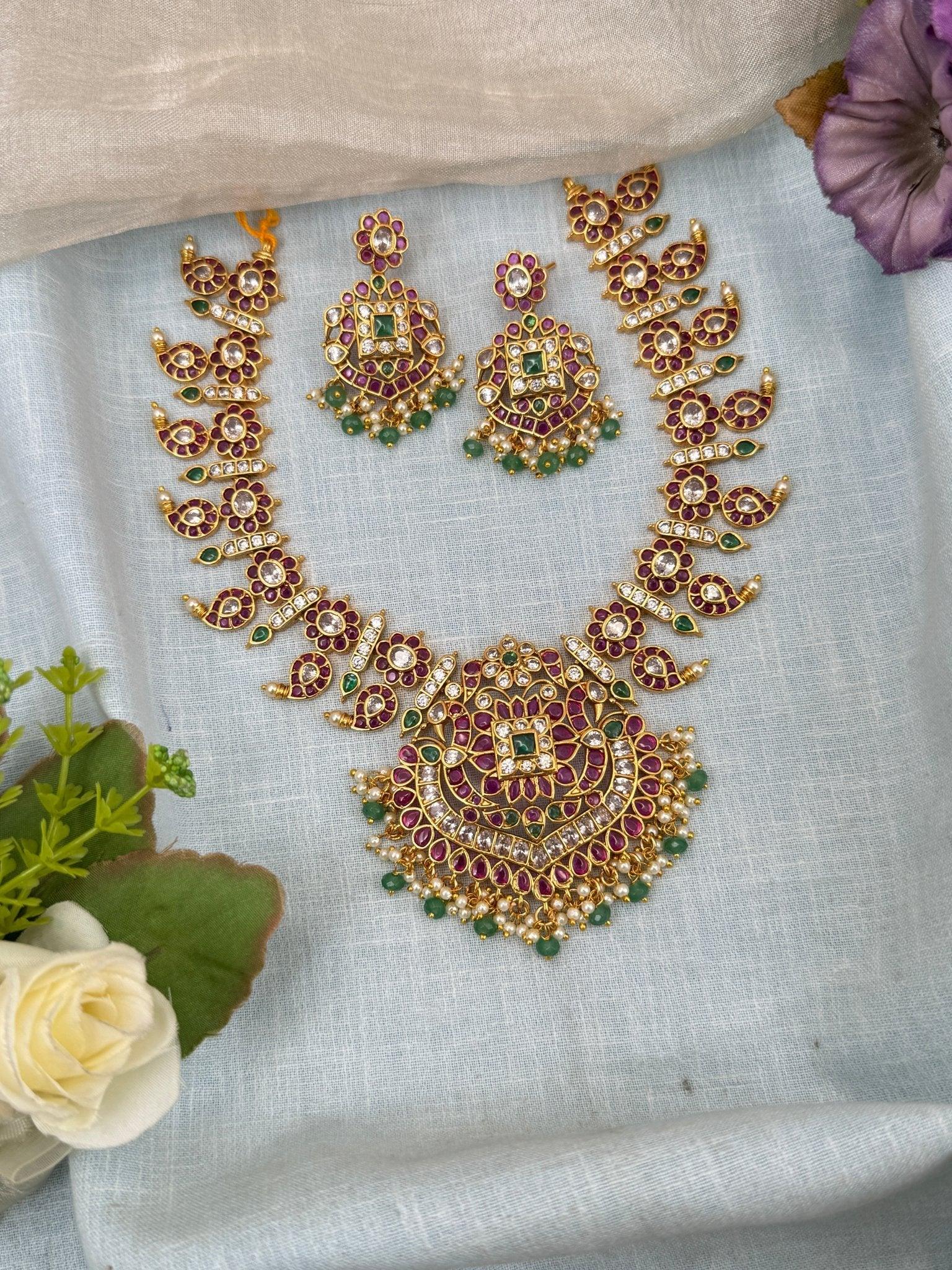 Luxurious Antique Mango Kemp Stone Necklace Set 0185 - Mahilas