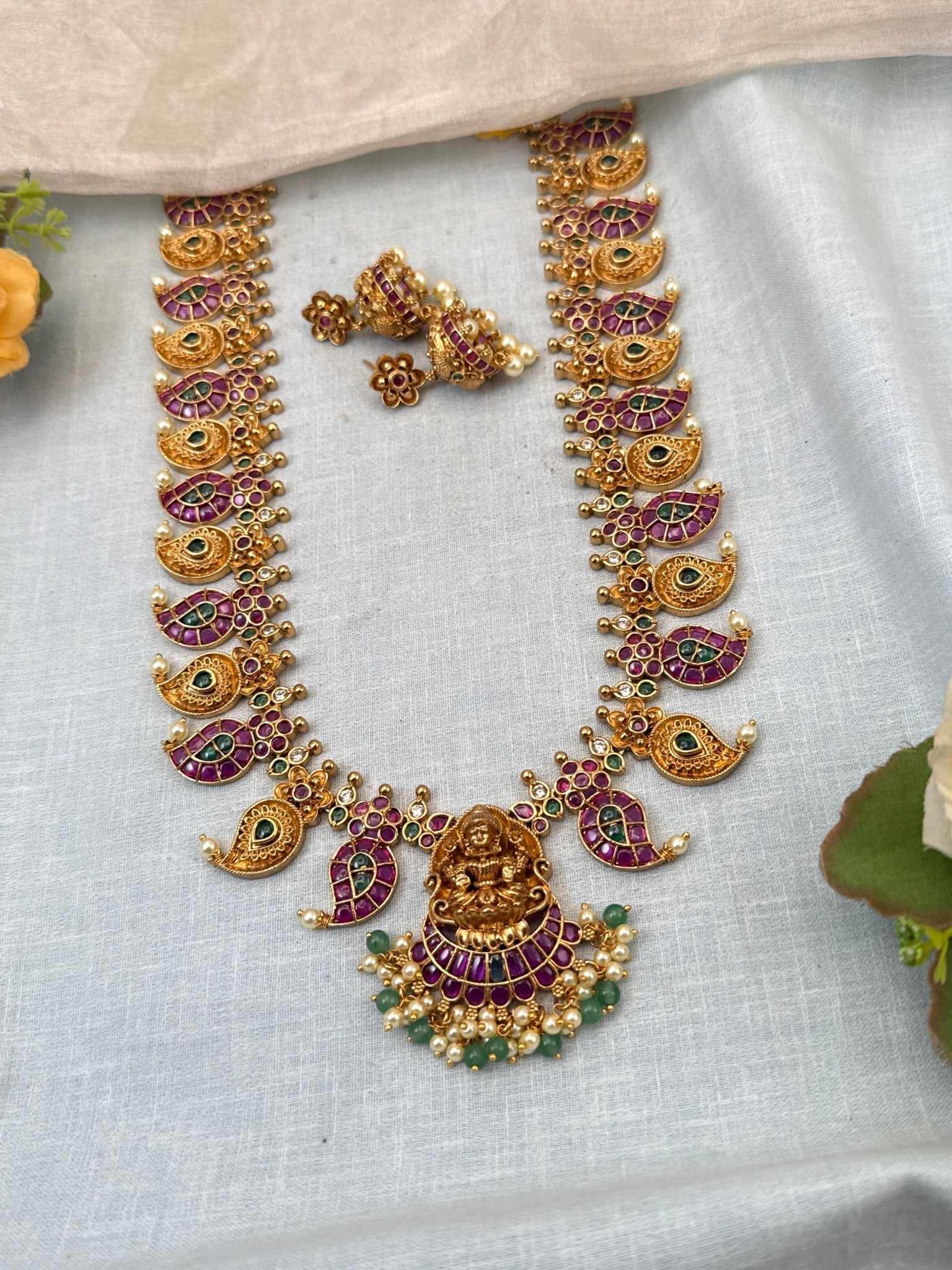 Luxurious Antique Mango Lakshmi Pendant Long Necklace Set 0762 - Mahilas