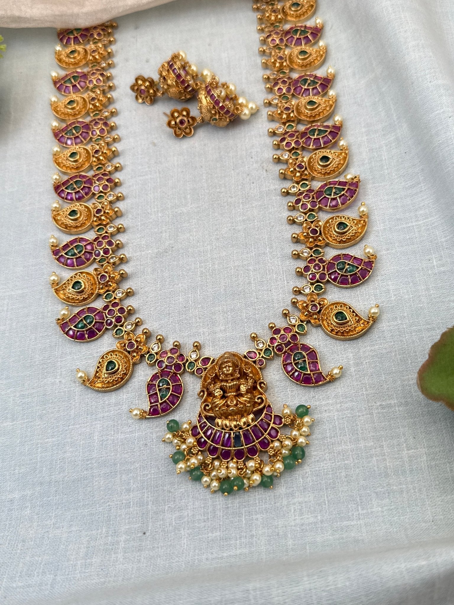 Luxurious Antique Mango Lakshmi Pendant Long Necklace Set 0762 - Mahilas