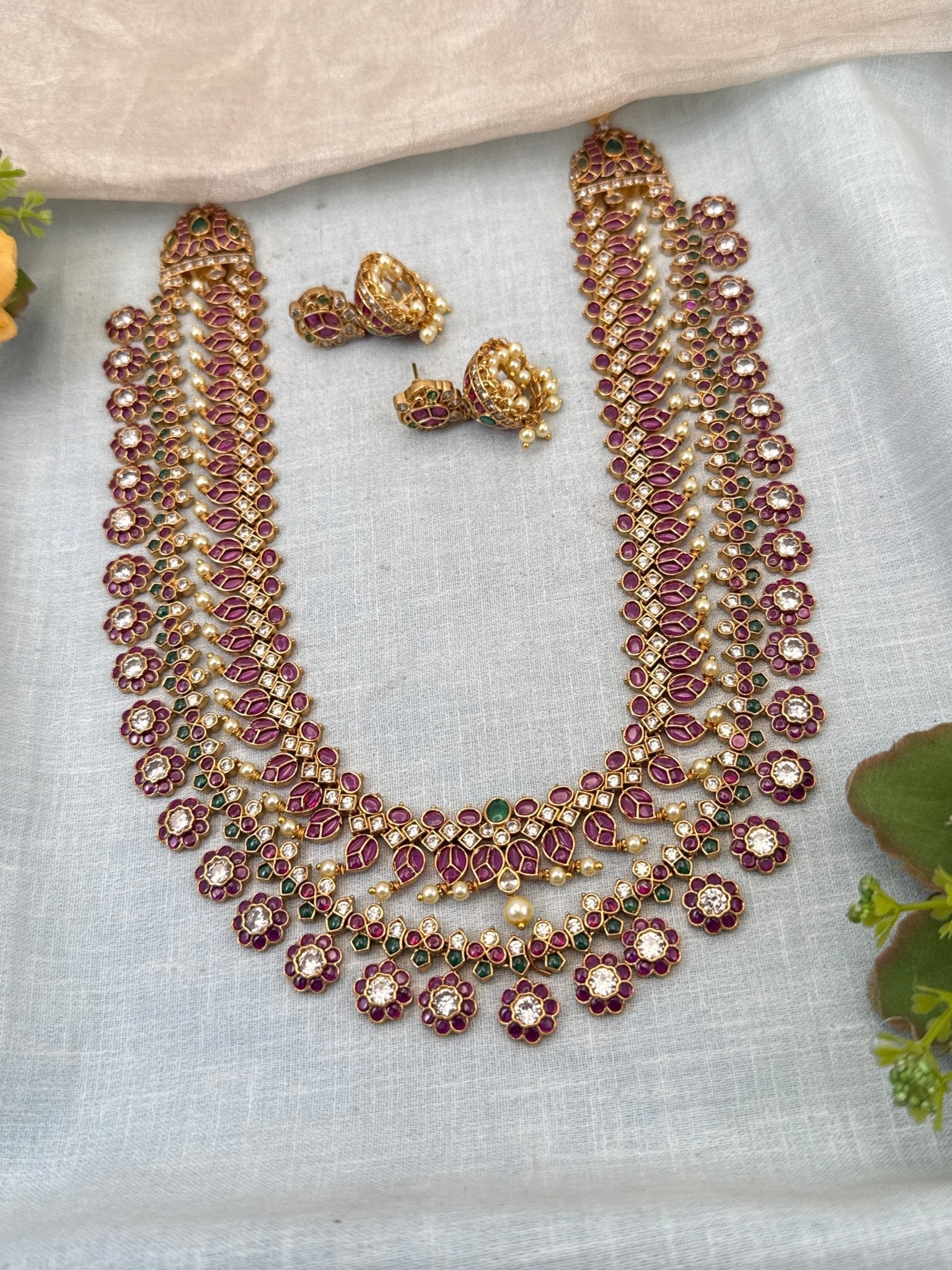Luxurious Antique Mango Layered Long Necklace Set 0765 - Mahilas