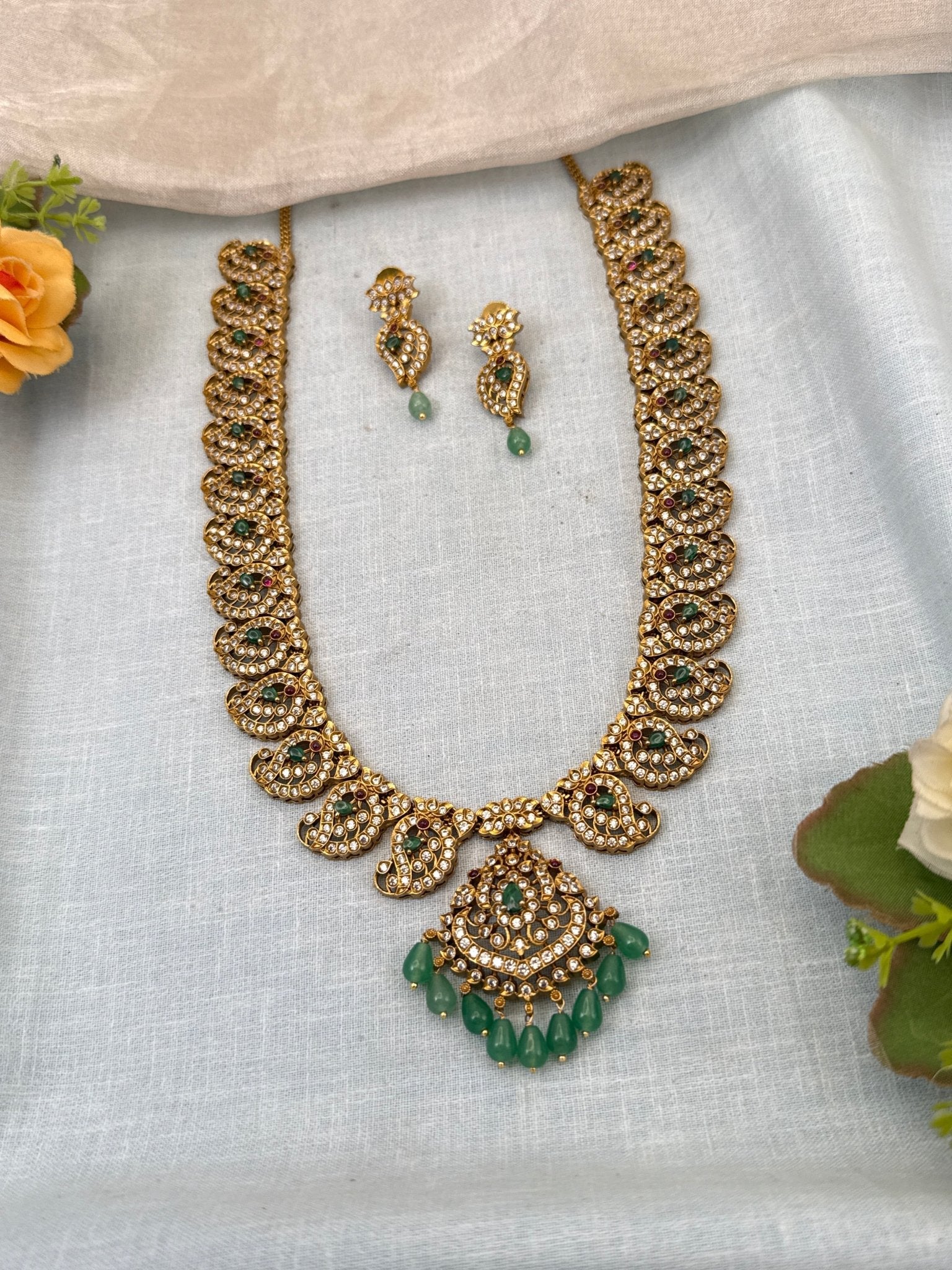 Luxurious Antique Mango Pendant Long Necklace Set 0761 - Mahilas