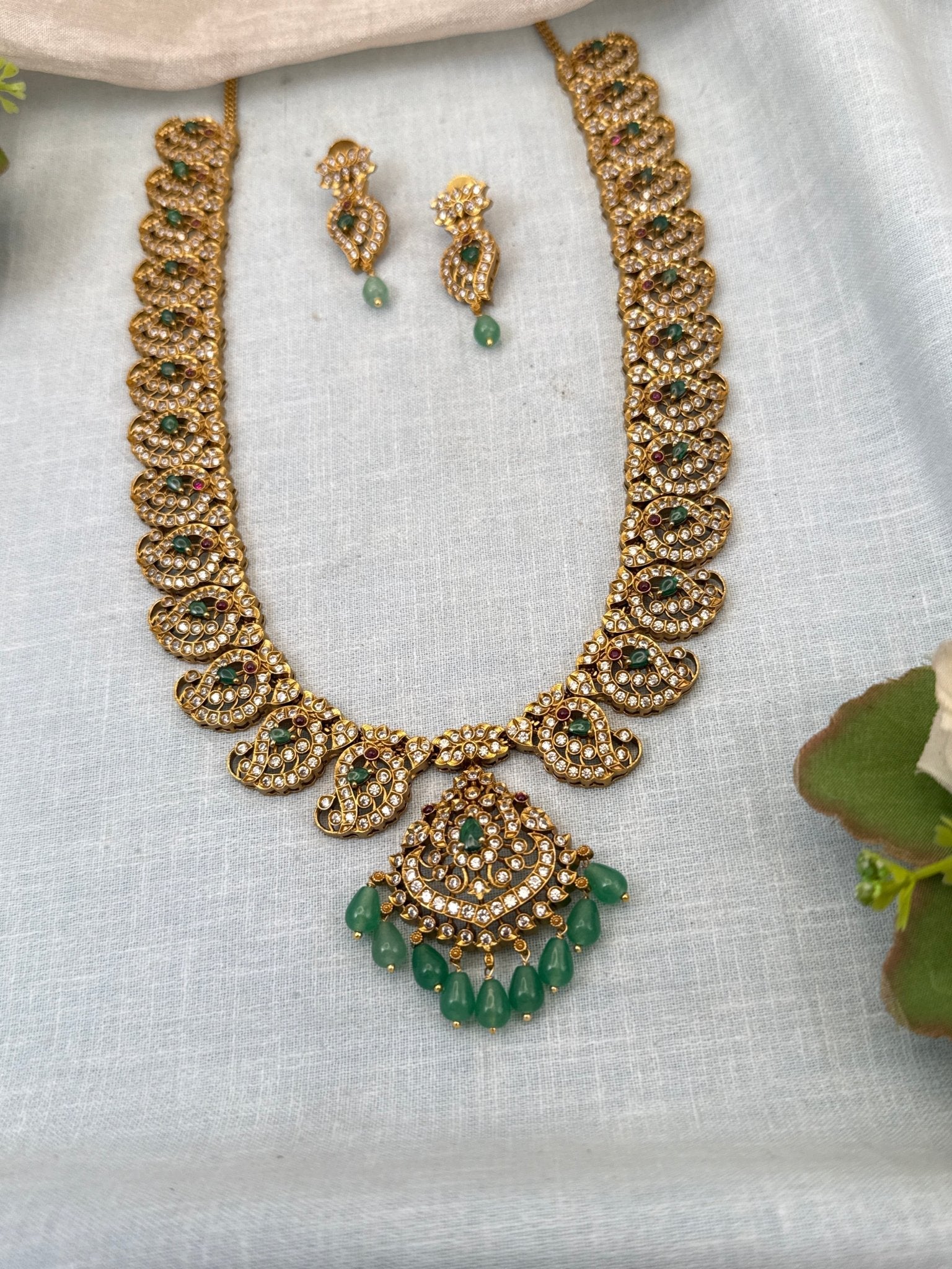 Luxurious Antique Mango Pendant Long Necklace Set 0761 - Mahilas