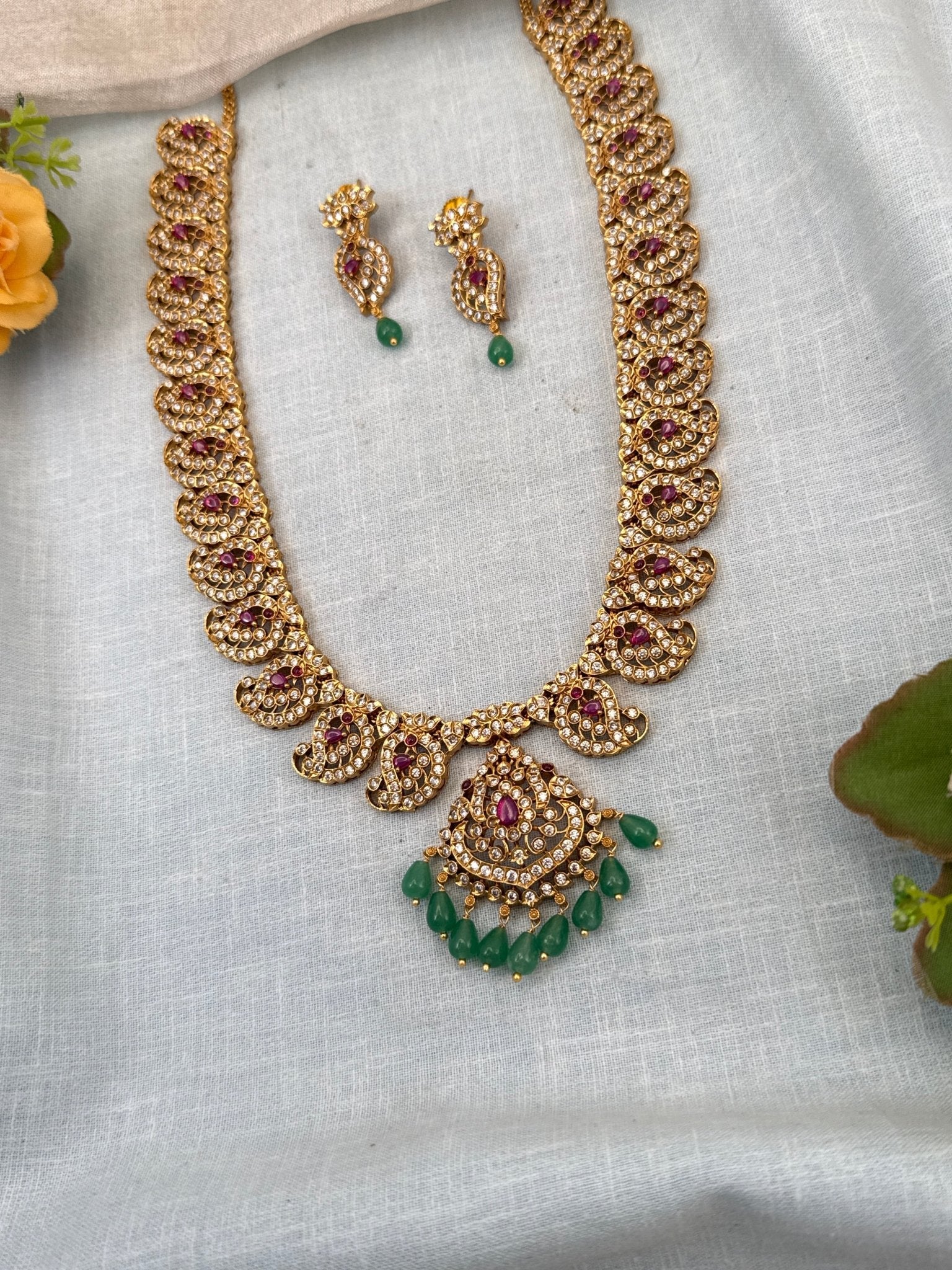 Luxurious Antique Mango Pendant Long Necklace Set 0763 - Mahilas