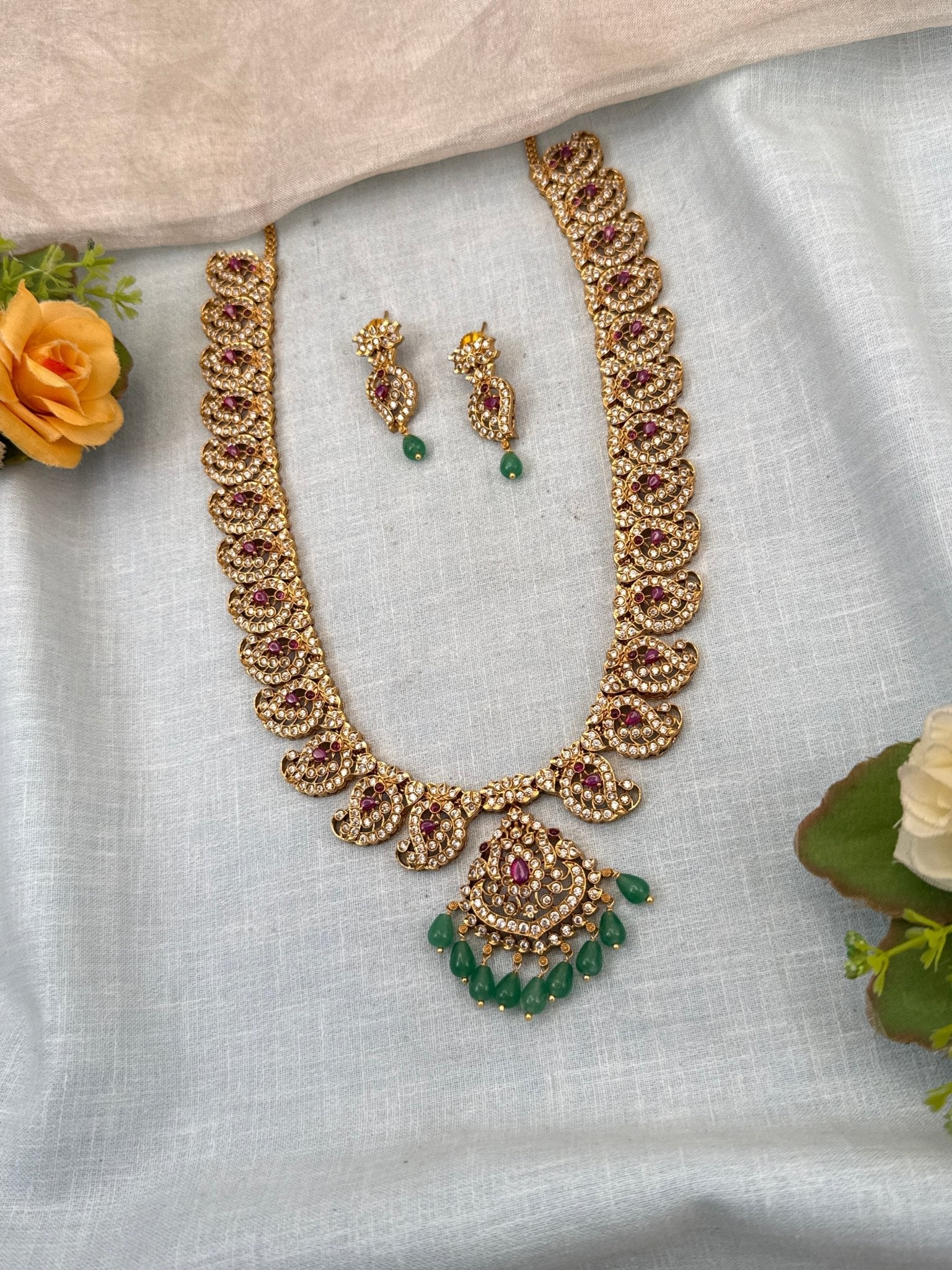 Luxurious Antique Mango Pendant Long Necklace Set 0763 - Mahilas