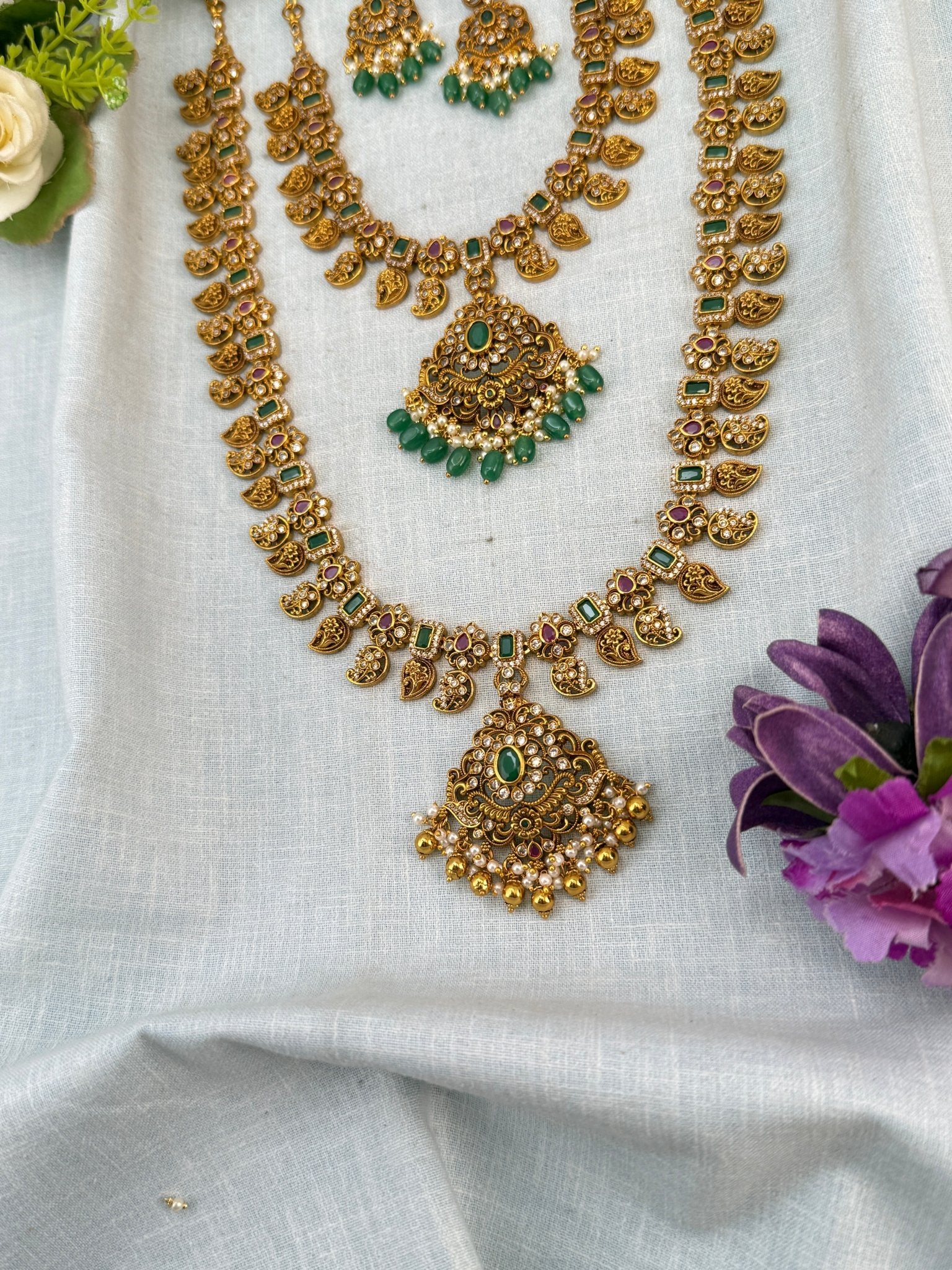 Luxurious Antique Mango Semi Bridal Necklace Set 0832 - Mahilas