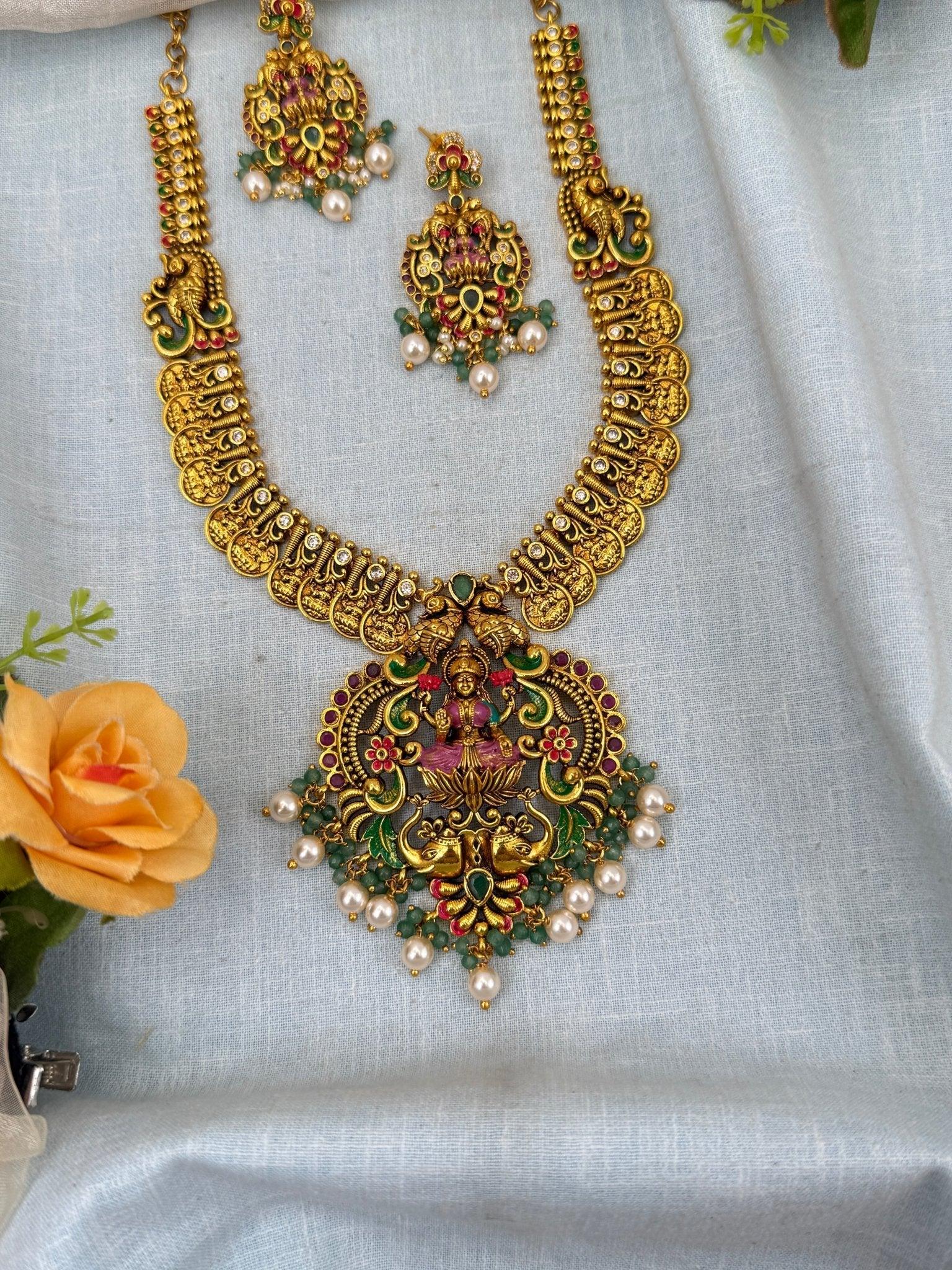 Luxurious Antique Mid long Kaasu Lakshmi Necklace Set 0110 - Mahilas