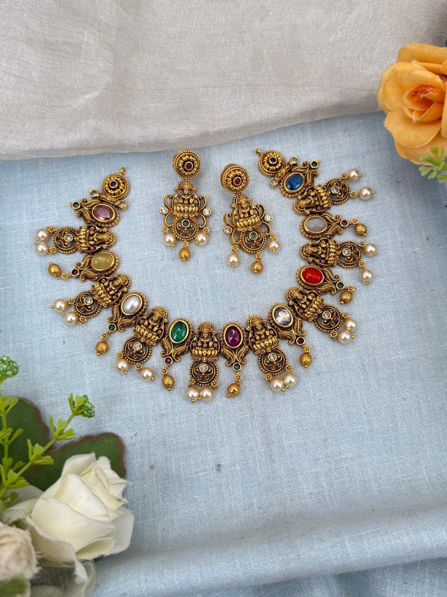 Luxurious Antique Navaratna Short Necklace Set 0118 - Mahilas