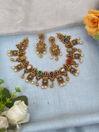 Luxurious Antique Navaratna Short Necklace Set 0118 - Mahilas