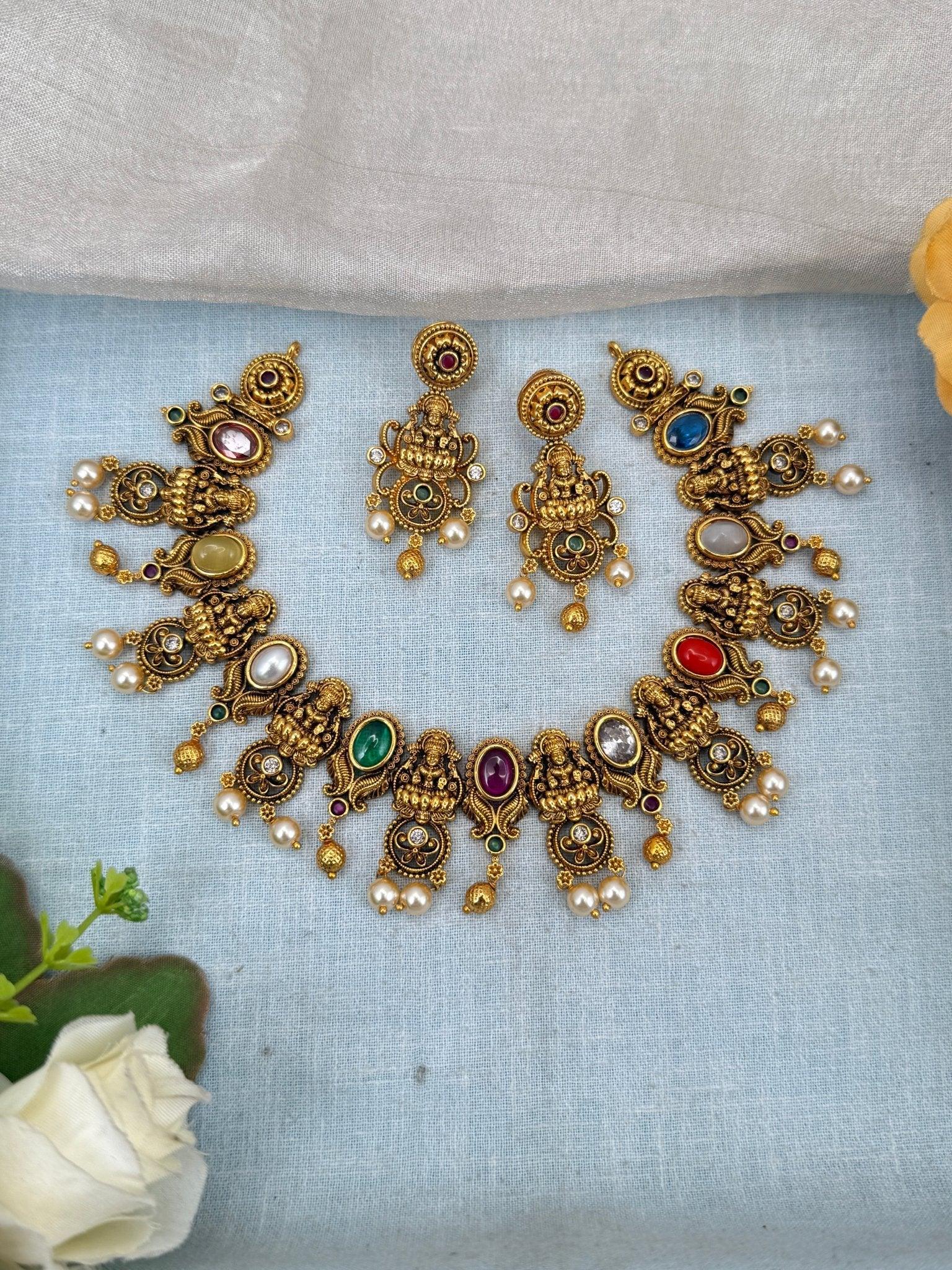 Luxurious Antique Navaratna Short Necklace Set 0118 - Mahilas