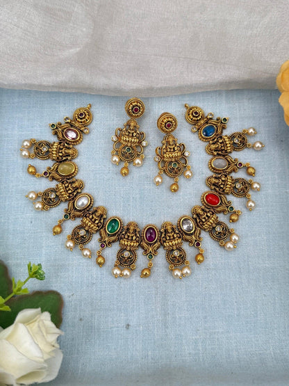 Luxurious Antique Navaratna Short Necklace Set 0118 - Mahilas