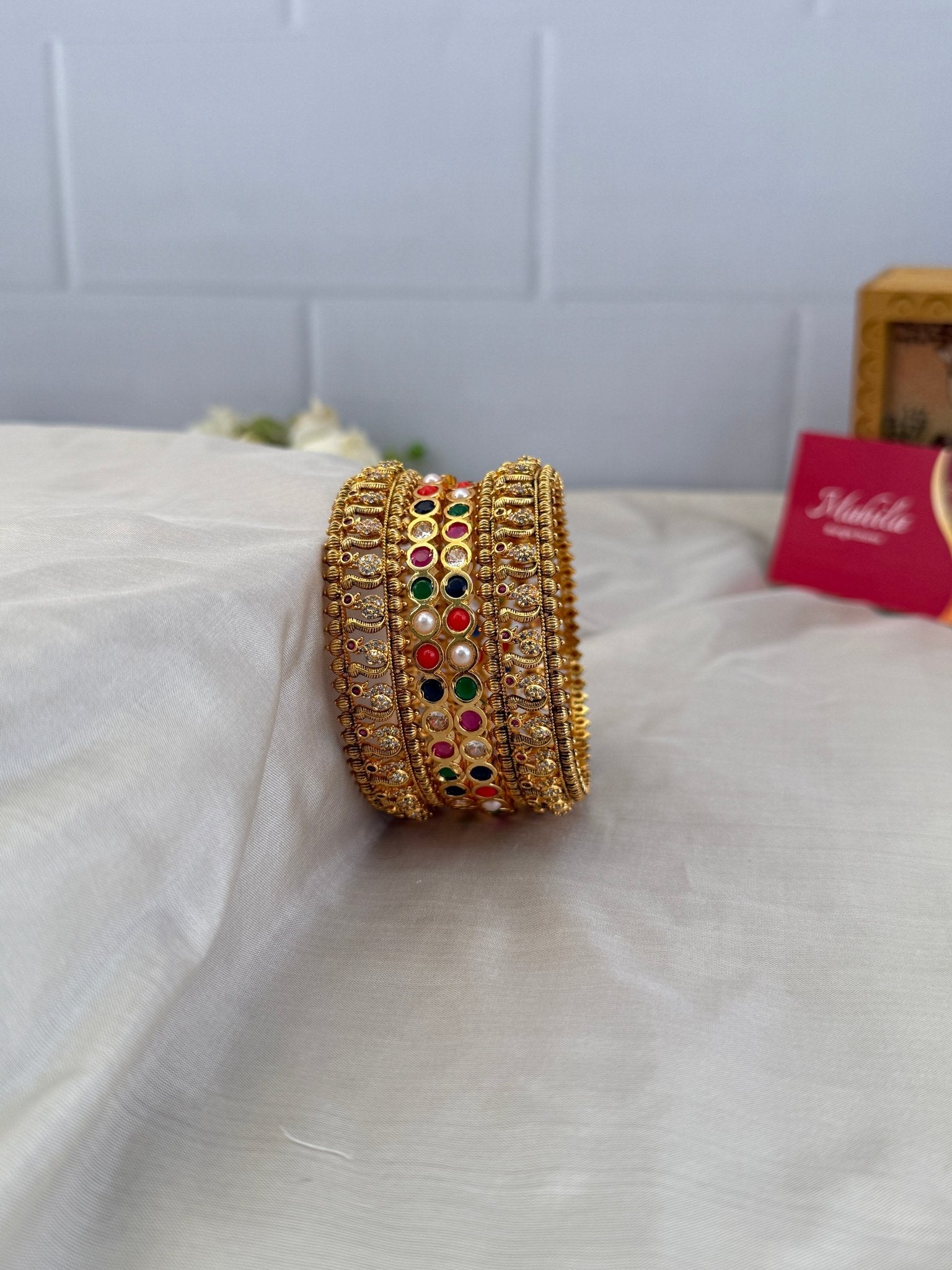 Luxurious Antique & Navaratna Stone Bangle Set - 5192 - Mahilas