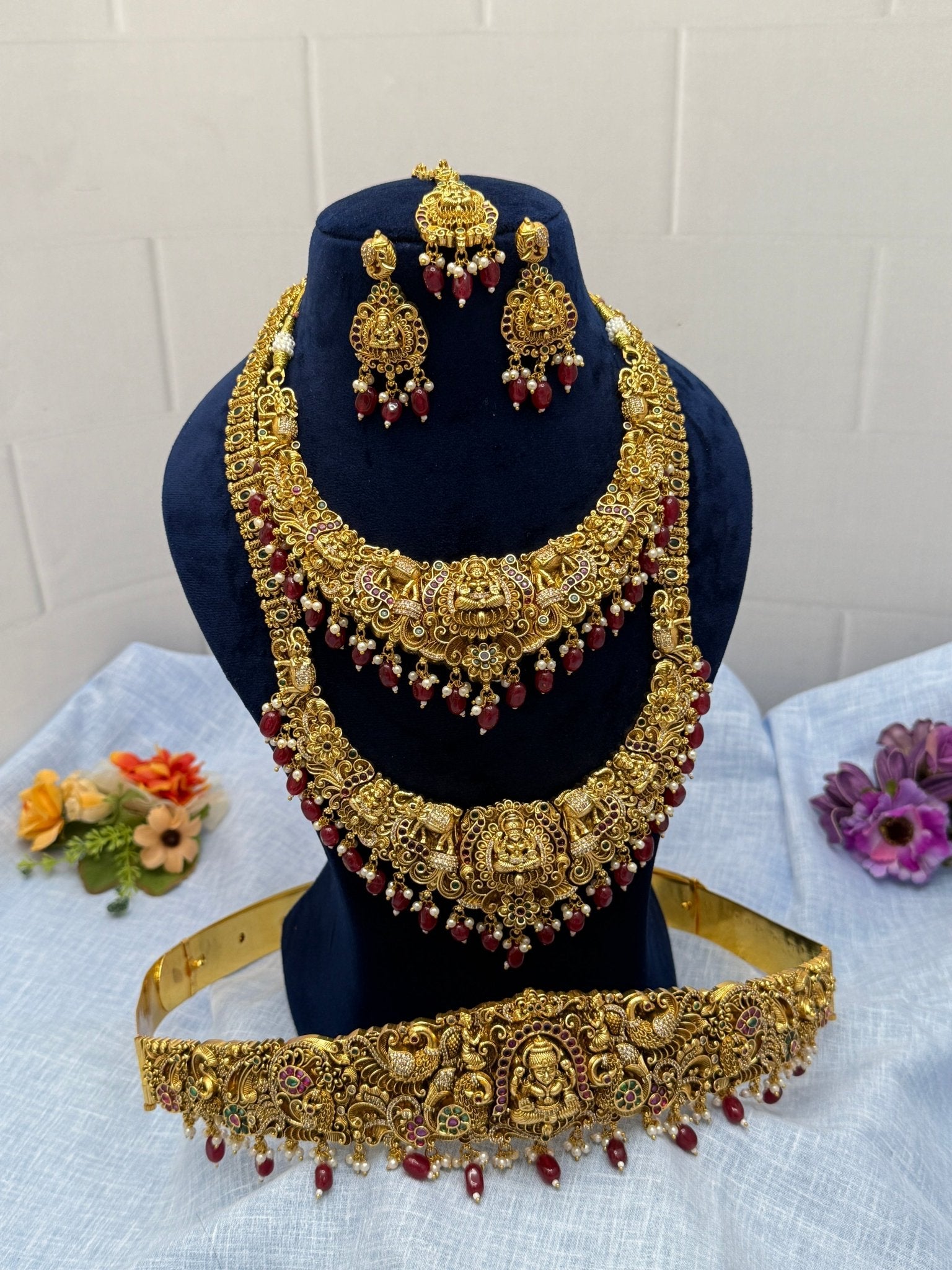 Luxurious Antique Necklace With Red Ruby Beads Set 2 - Mahilas