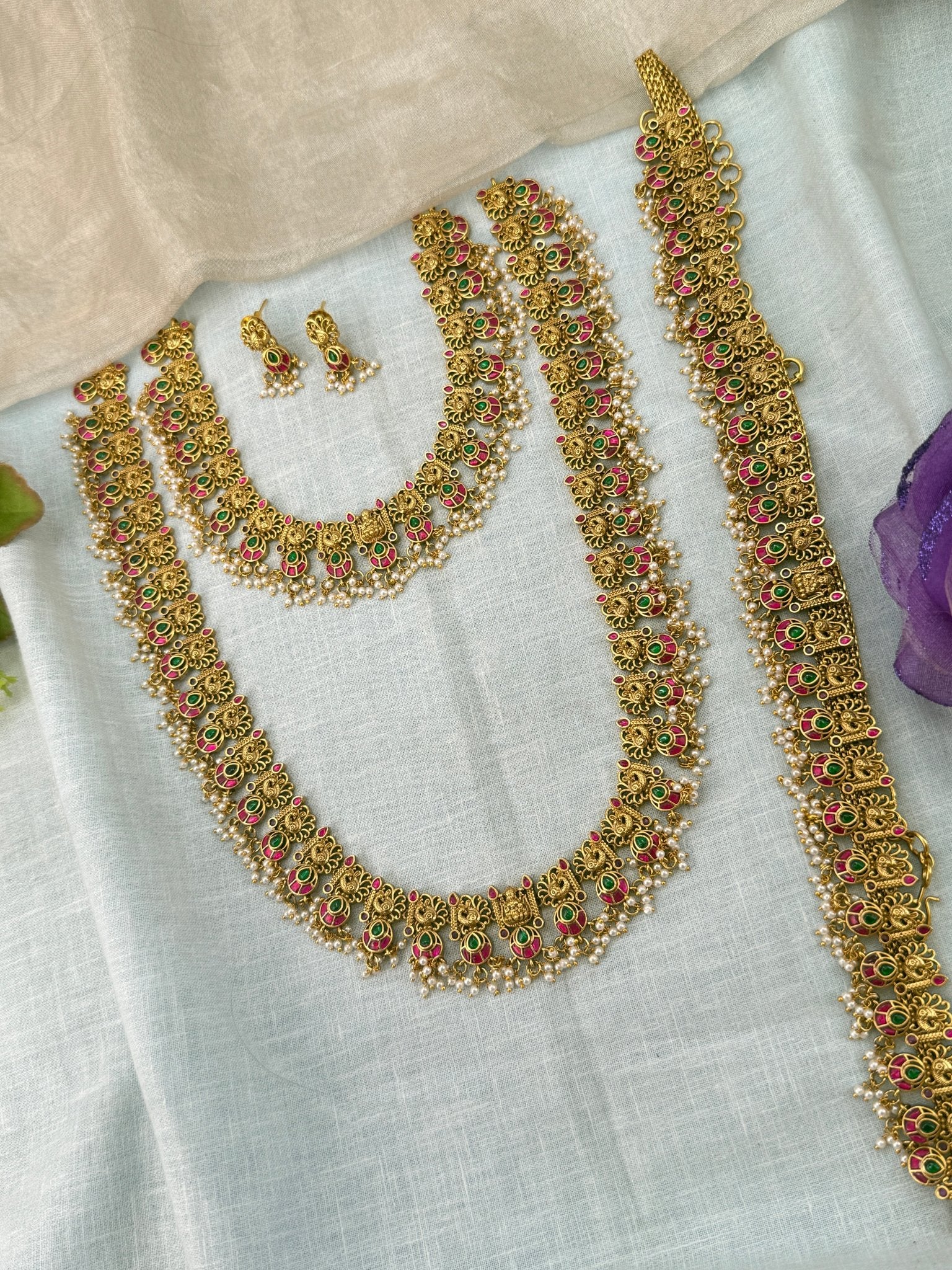 Luxurious Antique Peacock Bottumala Bridal Necklace Set 0915 - Mahilas