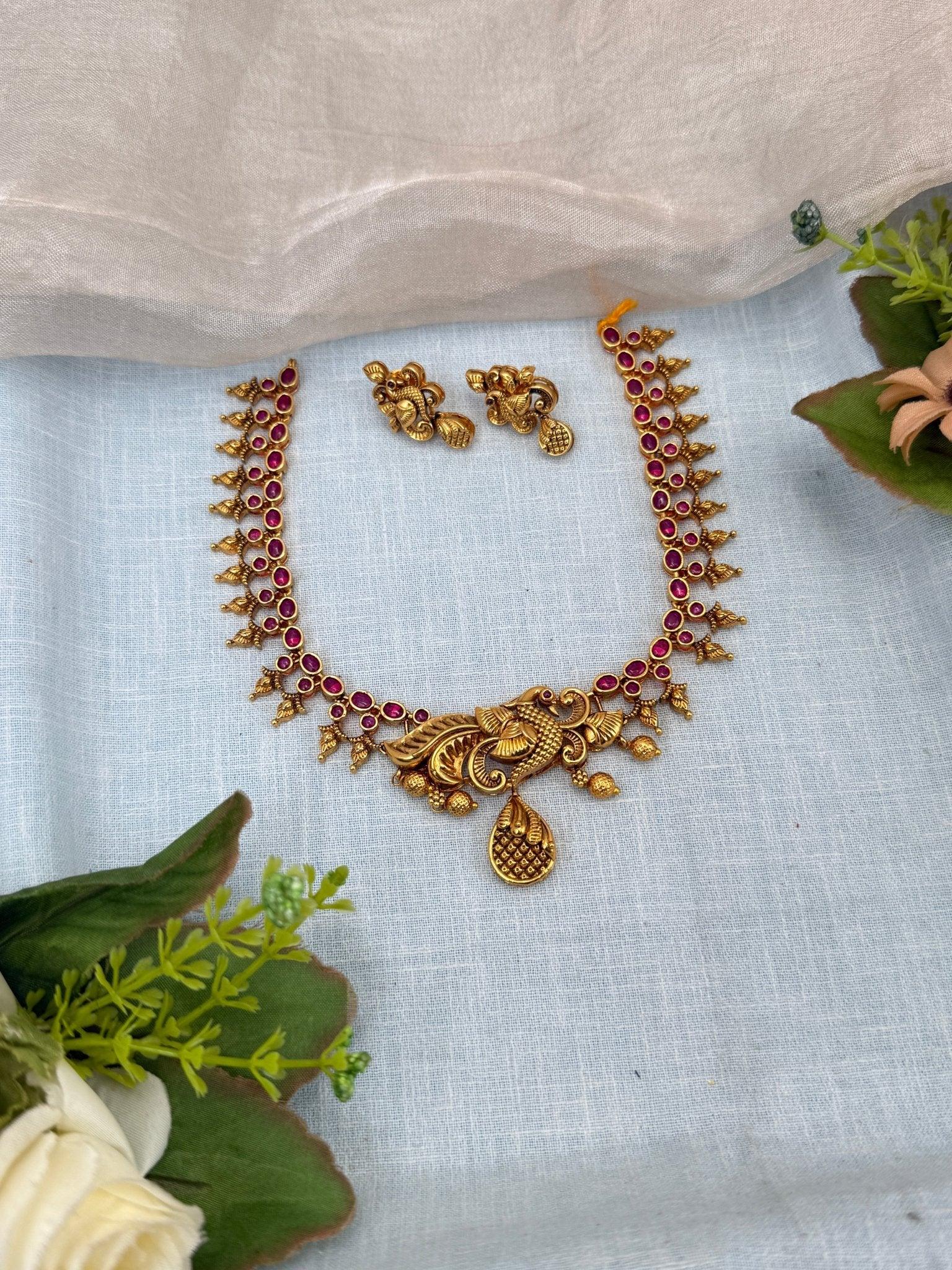 Luxurious Antique Peacock Drop Short Necklace Set 0230 - Mahilas
