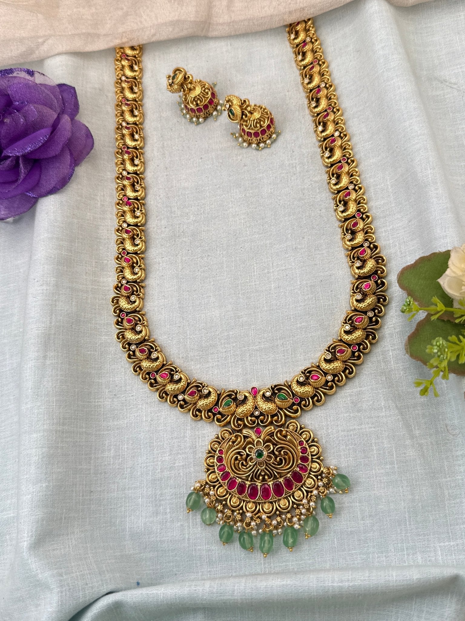 Luxurious Antique Peacock Jadau Long Necklace Set 1022 - Mahilas