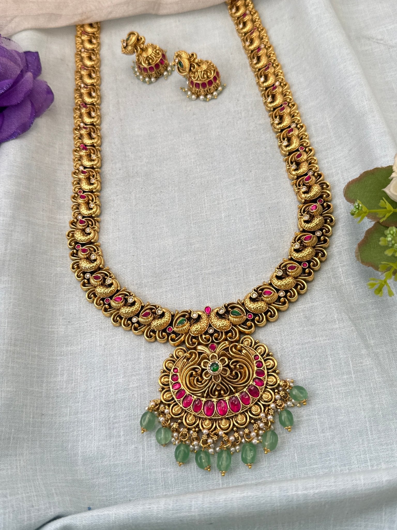 Luxurious Antique Peacock Jadau Long Necklace Set 1022 - Mahilas