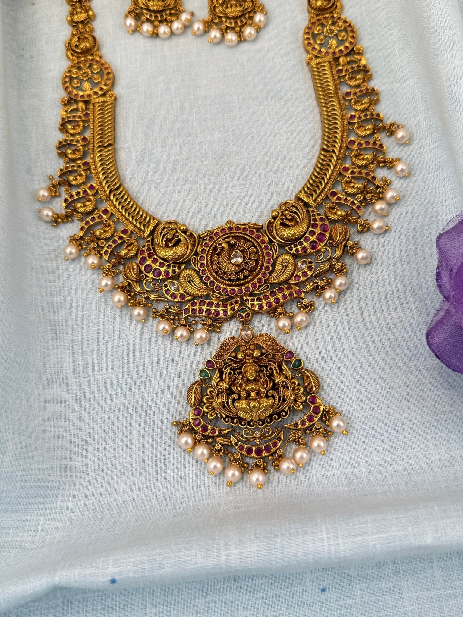 Luxurious Antique Peacock Lakshmi Long Necklace Set 0582 - Mahilas
